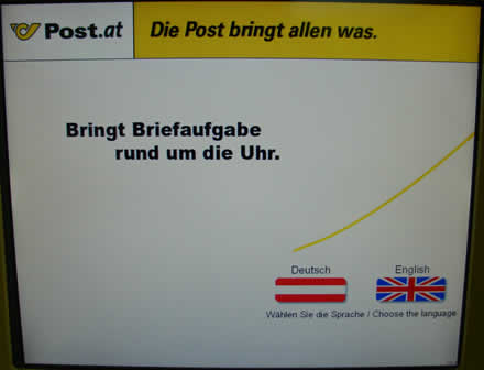 Startbildschirm: "Bringt Briefaufgabe rund um die Uhr: Deutsch - English"