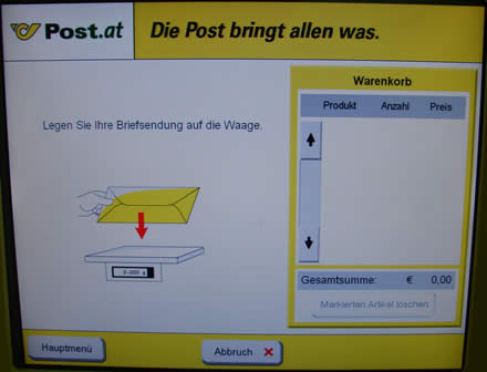 "Legen Sie Ihre Briefsendung auf die Waage."