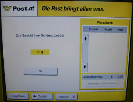 "Das Gewicht Ihrer Sendung beträgt: 10g"