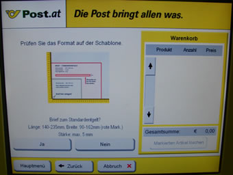 "Prüfen Sie das Format auf der Schablone. Brief zum Standardentgelt?"