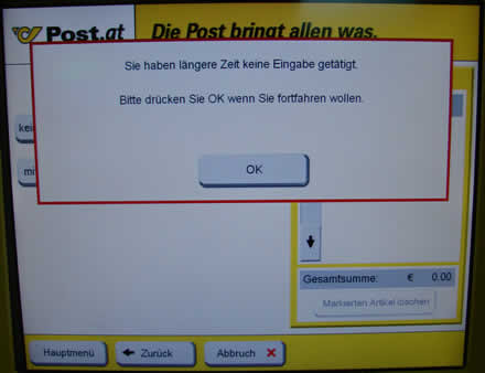 "Sie haben längere Zeit keine Eingabe getätigt. Bitte drücken Sie OK wenn Sie fortfahren möchten."