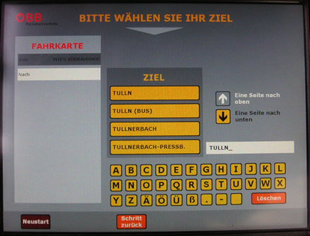 ÖBB-Fahrkartenautomat: Auswahl des Zielortes, Teil 2 (anderer Zielort)