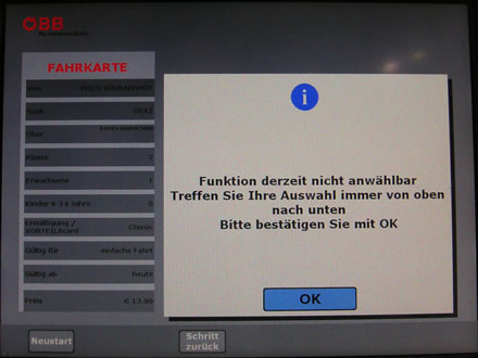 ÖBB-Fahrkartenautomat: Fehlermeldung
