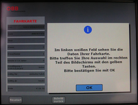 ÖBB-Fahrkartenautomat: Fehlermeldung 'linkes weißes Feld'