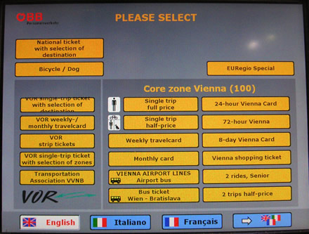 ÖBB-Fahrkartenautomat: Startbildschirm englisch