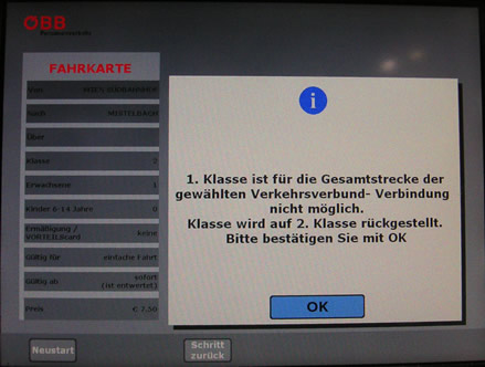 ÖBB-Fahrkartenautomat: Fehlermeldung 1. Klasse