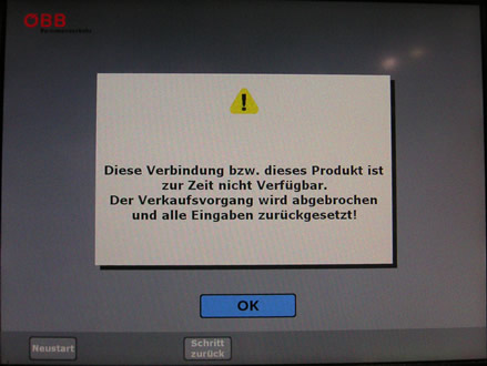 ÖBB-Fahrkartenautomat: Fehlermeldung 'Produkt nicht verfügbar'