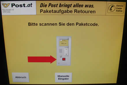 "Bitte scannen Sie den Paketcode."