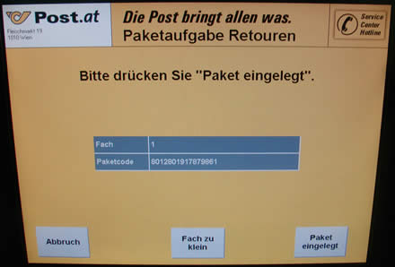 "Bitte drücken Sie 'Paket eingelegt'."