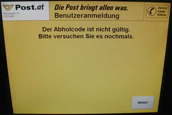 "Der Abholcode ist nicht gültig. Bitte versuchen Sie es nochmals."