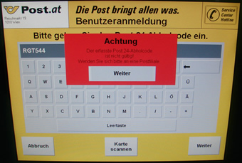 "Achtung! Der erfasste Post.24-Abholcode ist nicht gültig! Wenden Sie sich bitte an eine Postfiliale."