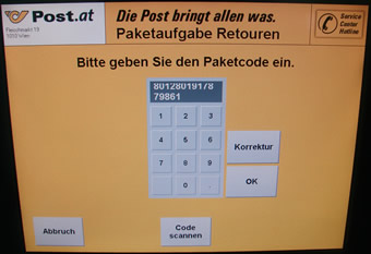 "Bitte geben Sie den Paketcode ein."